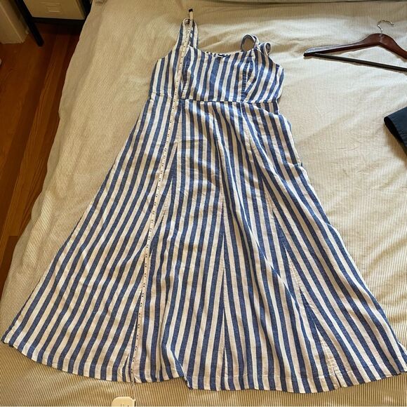 Old Navy Fit & Flare Linen Blend Midi Dress womens large white and blue stripe - Picture 12 of 13